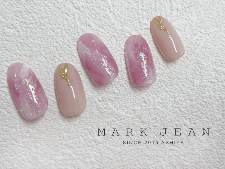 春　ピンク　マーブル　ネイル