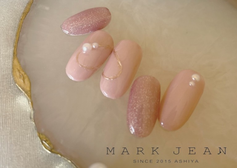春　ハート　パール　ネイル